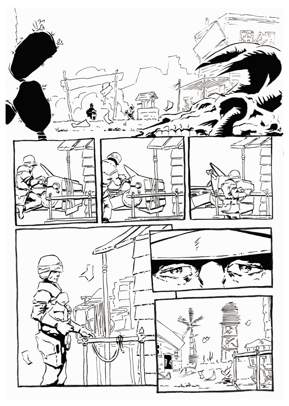 Analog issue 1 page 2, the courier arrives at a deserted town