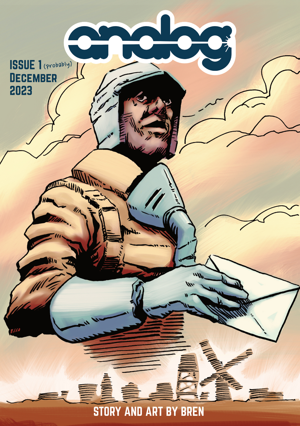 Analog Issue 1, drawing of a courier holding a letter