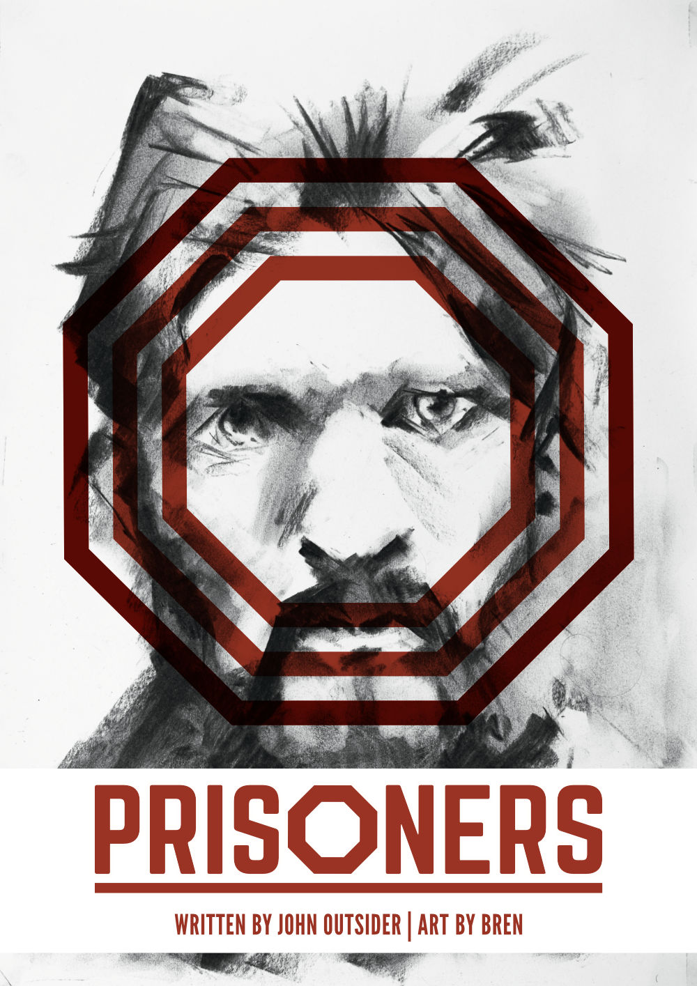 Prisoners cover - portrait of an unkempt man with a maze overlaid on top