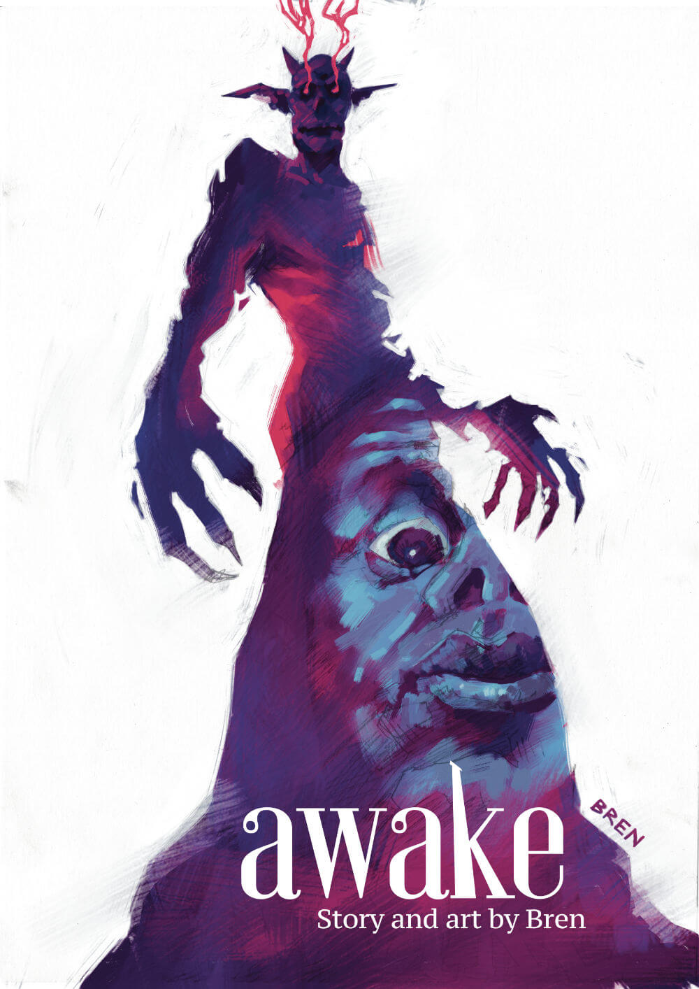 Cover image the comic Awake. The silhouette of a demon frames the face of a terrified man. Story and art by Bren