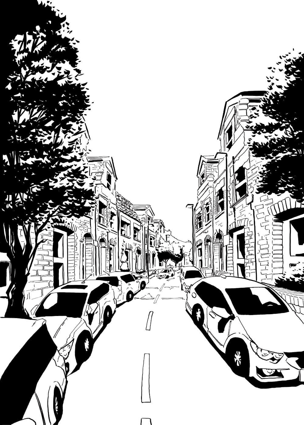 Ink drawing of a street in North London, showing a perspective shot from the middle of the street. Parked cars line each side of the street, and terraced houses are on either side of the street. Page 1 of Awake
