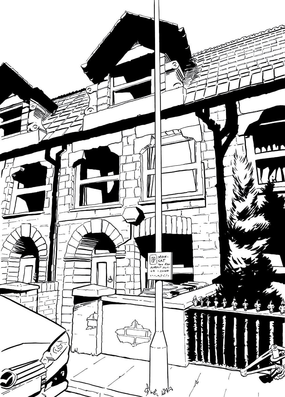 Ink drawing showing a perspective shot of the front of a terraced house in a North London street. The light is on in one of the second storey buildings.  Page 2 of Awake.