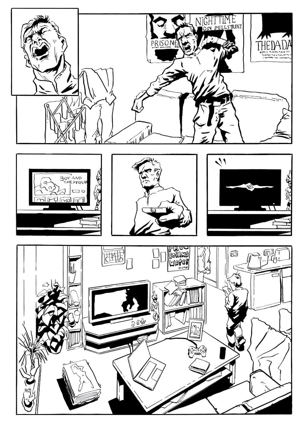 A 6 panel comic page, with black and white ink drawings. A man yawns and stretches as he gets up off a couch. He switches off the TV and walks out of the living room