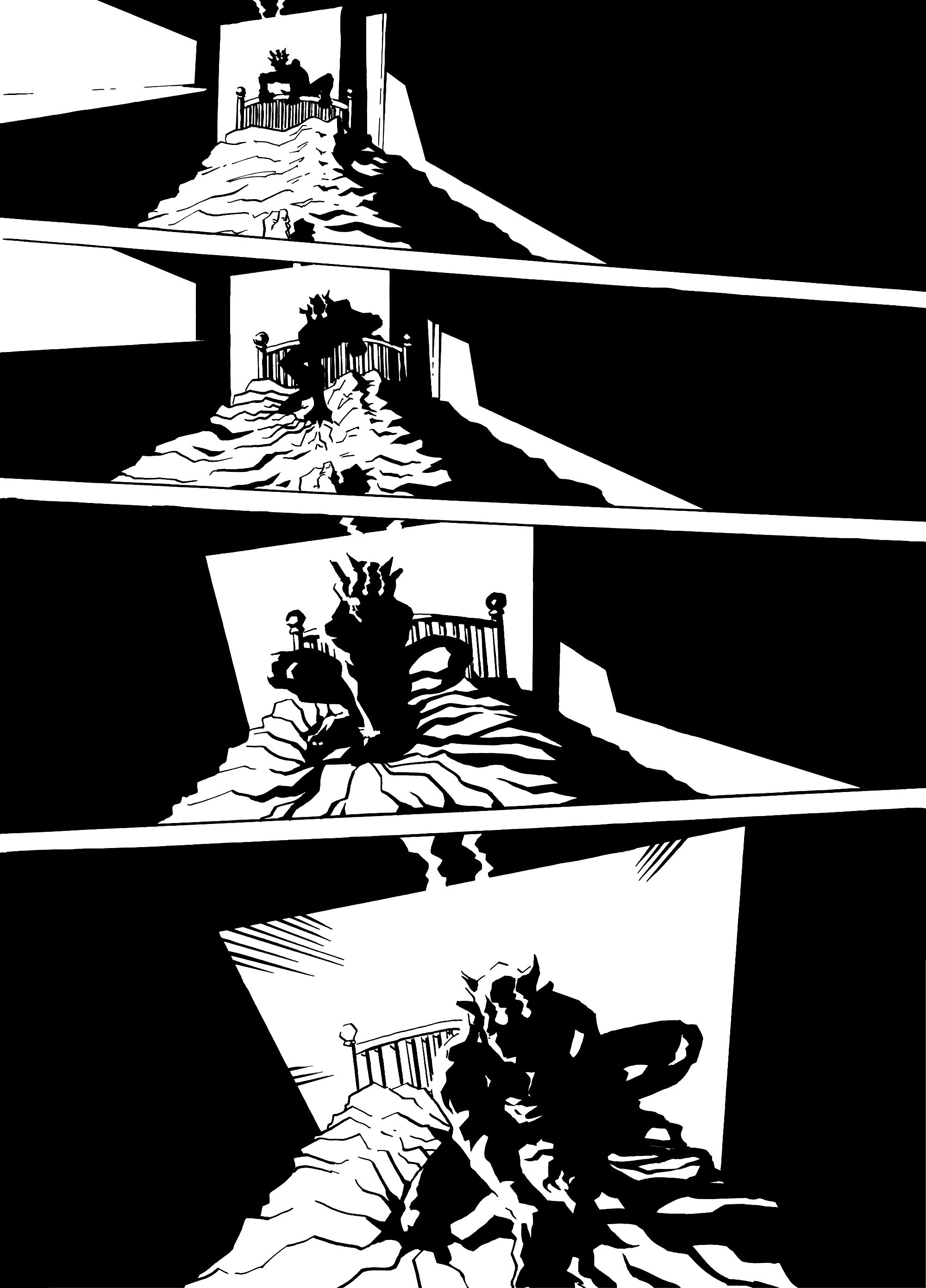Black and white ink drawing, a 4 panel comic page showing a demon crawling onto a bed