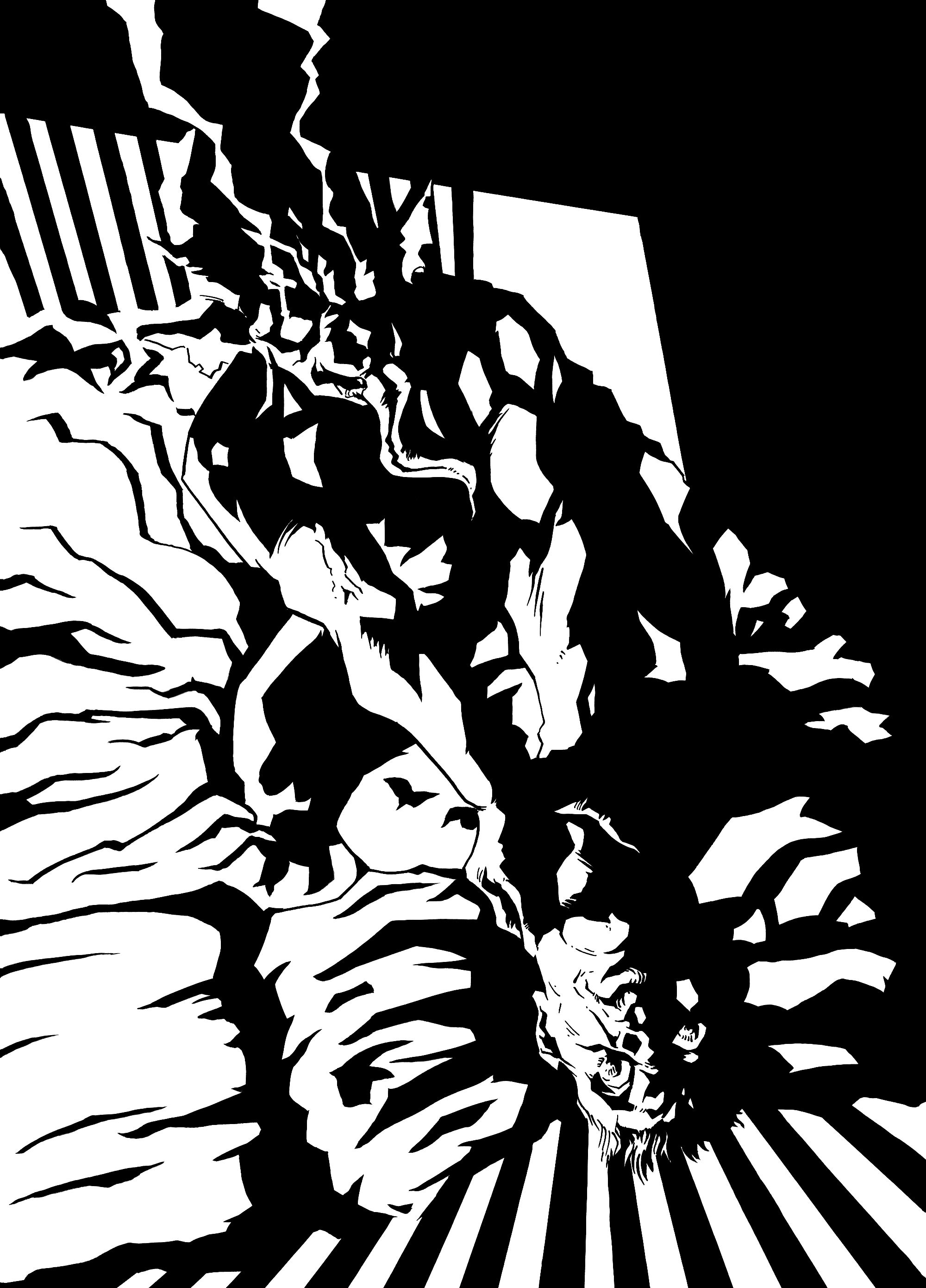 Black and white ink drawing showing a demon strangling a man
