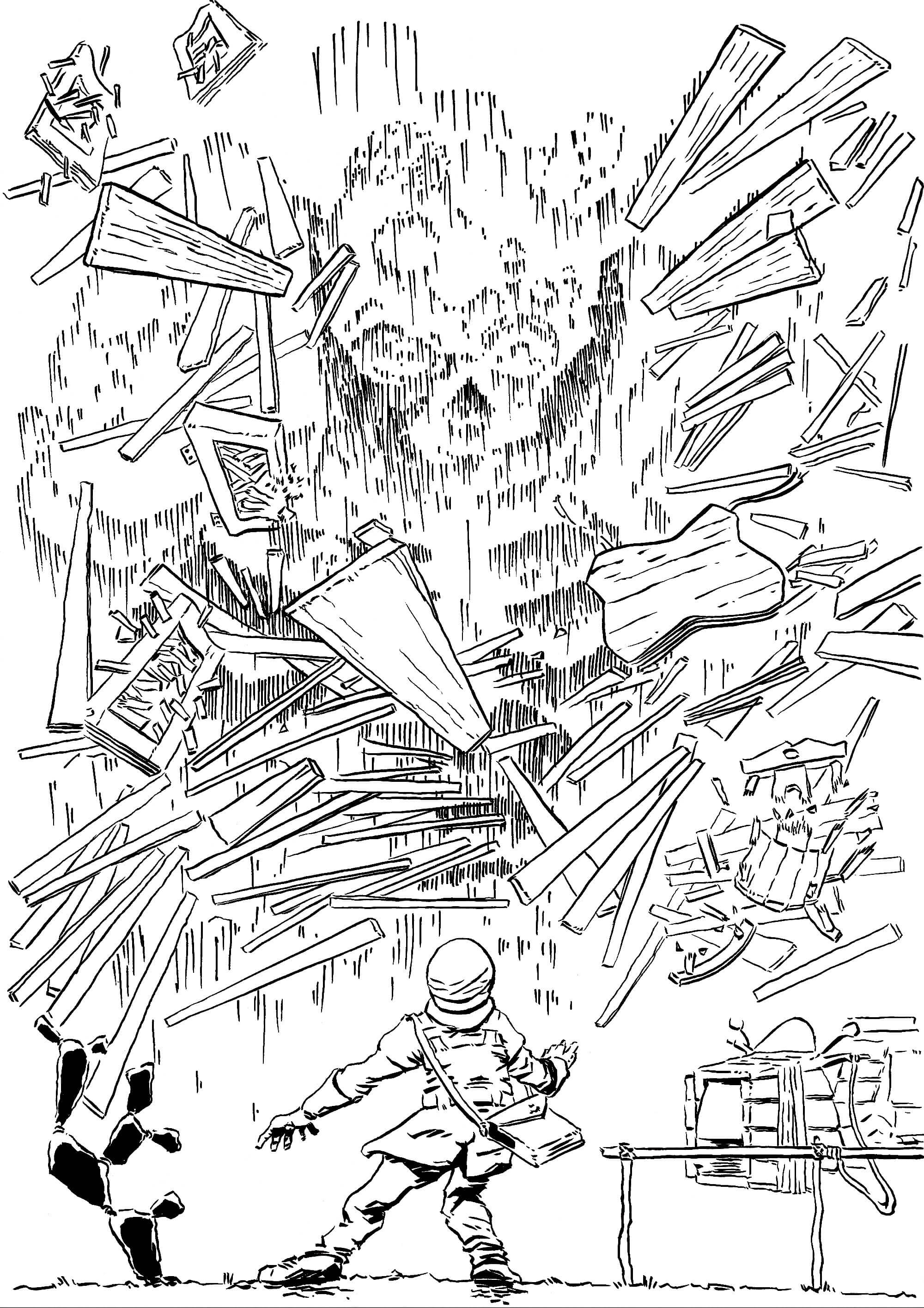 A large monster bursts from the ground in front of a small figure