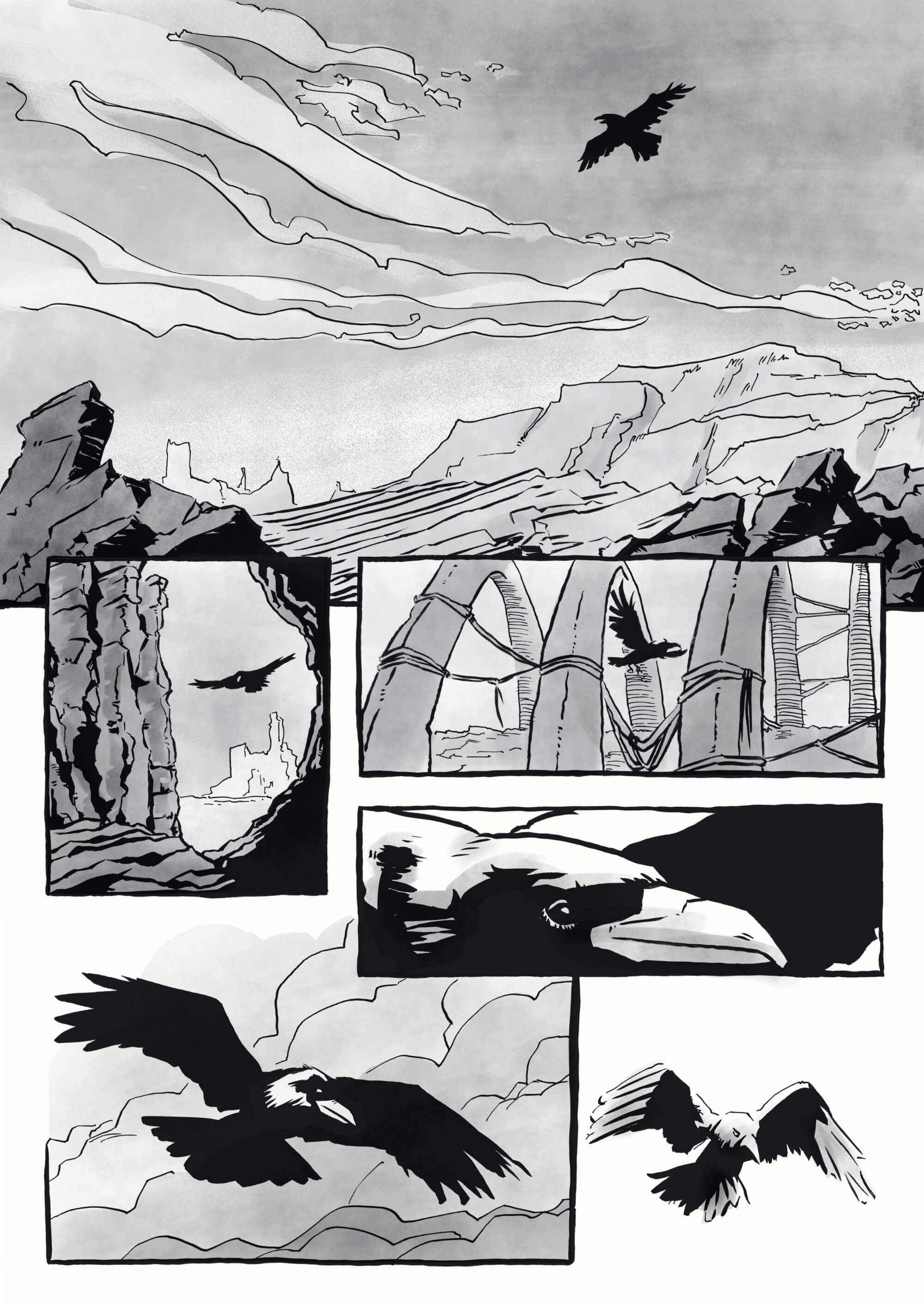 Black and white comic page, a crow flies through a desert