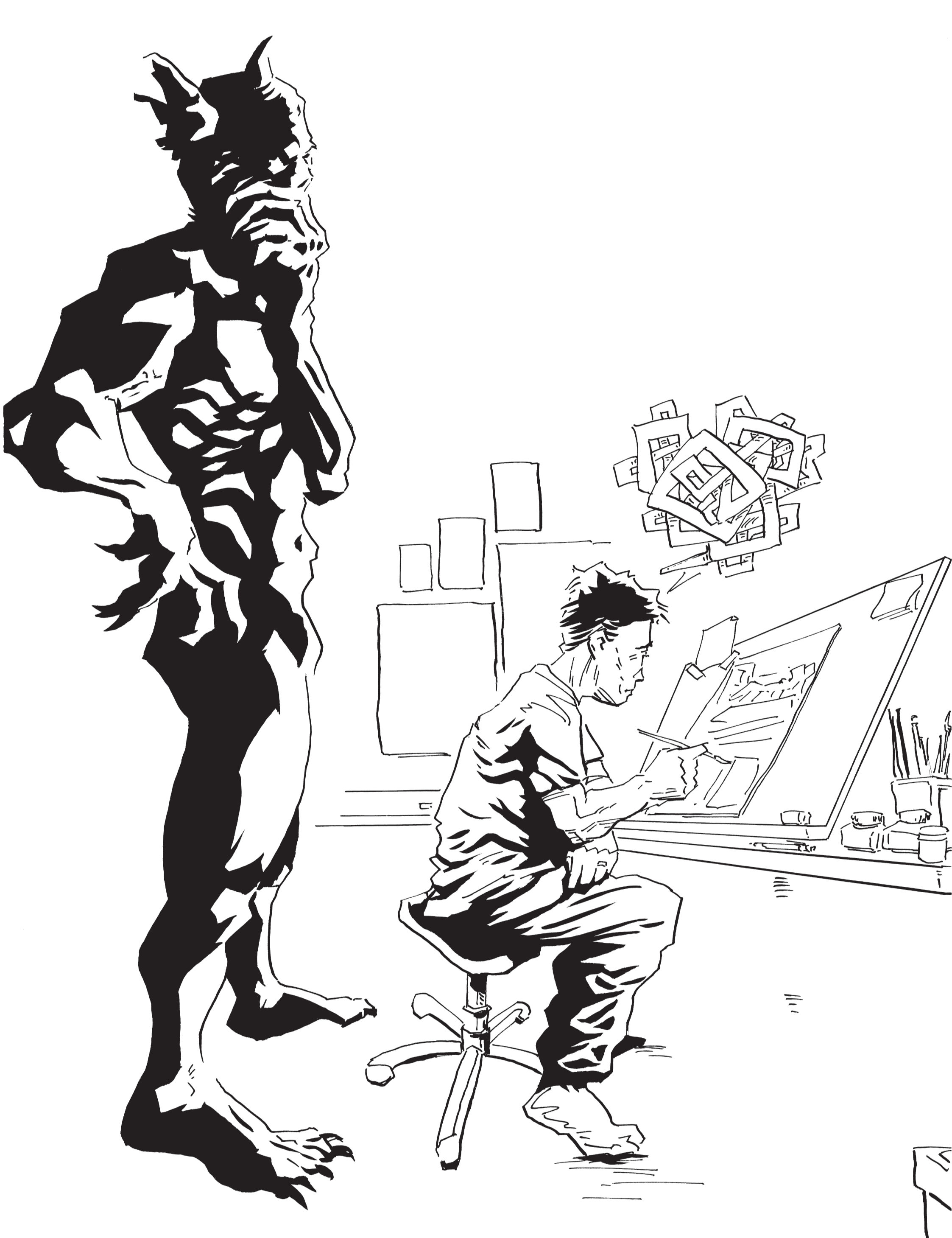 A drawing of a demon standing behind a man sitting at a drawing board
