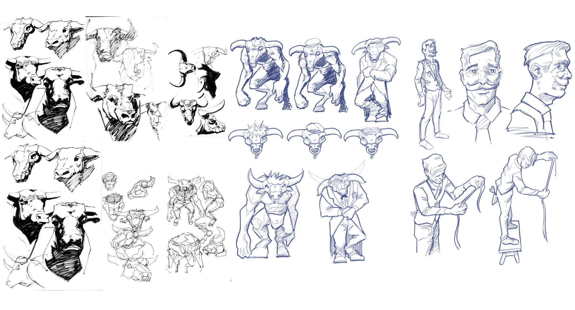 Character sketches for a tailor and a minotaur