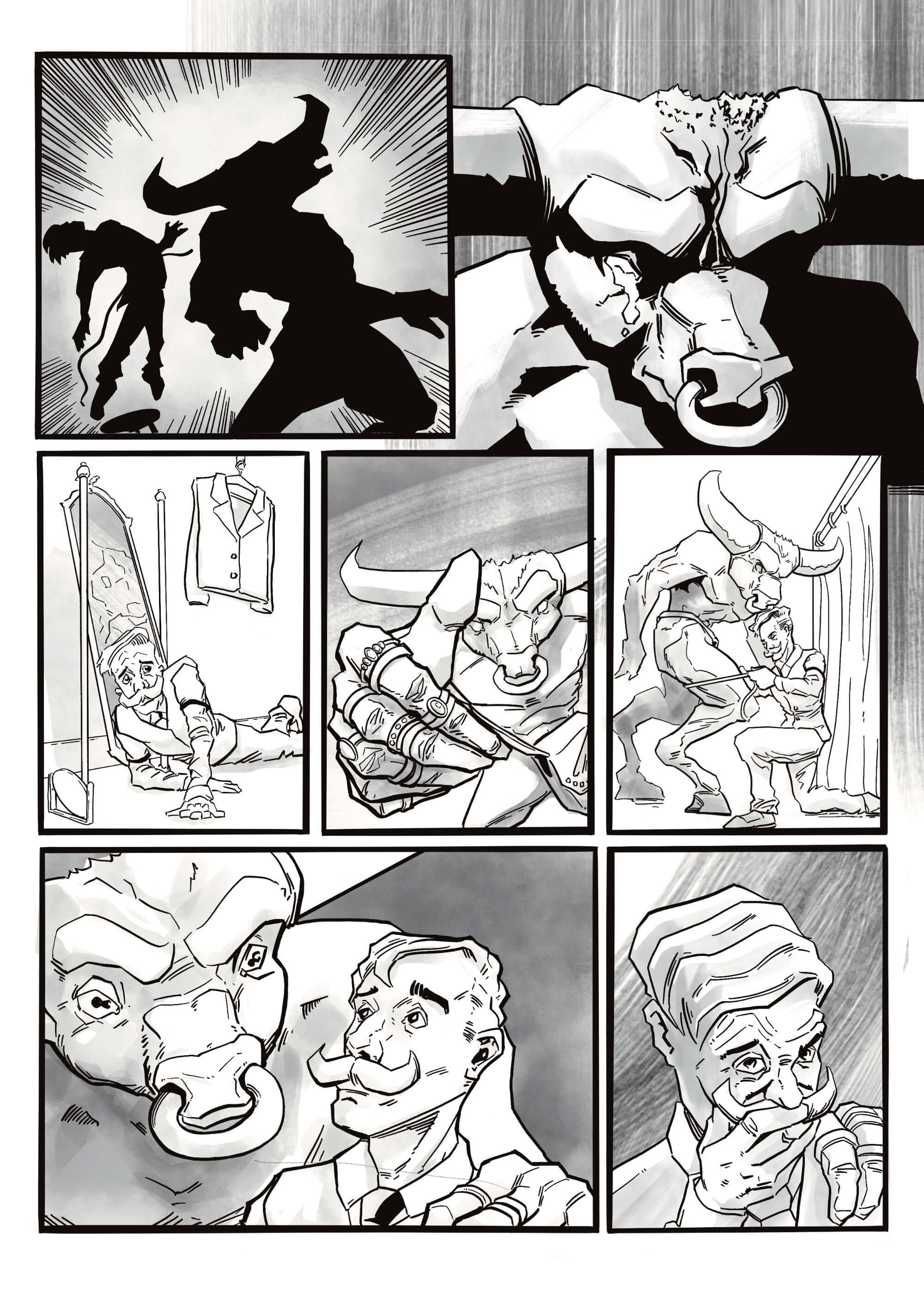 The Minotaur, black and white comic page. A minotaur gets measured up for a suit in a Tailors shop