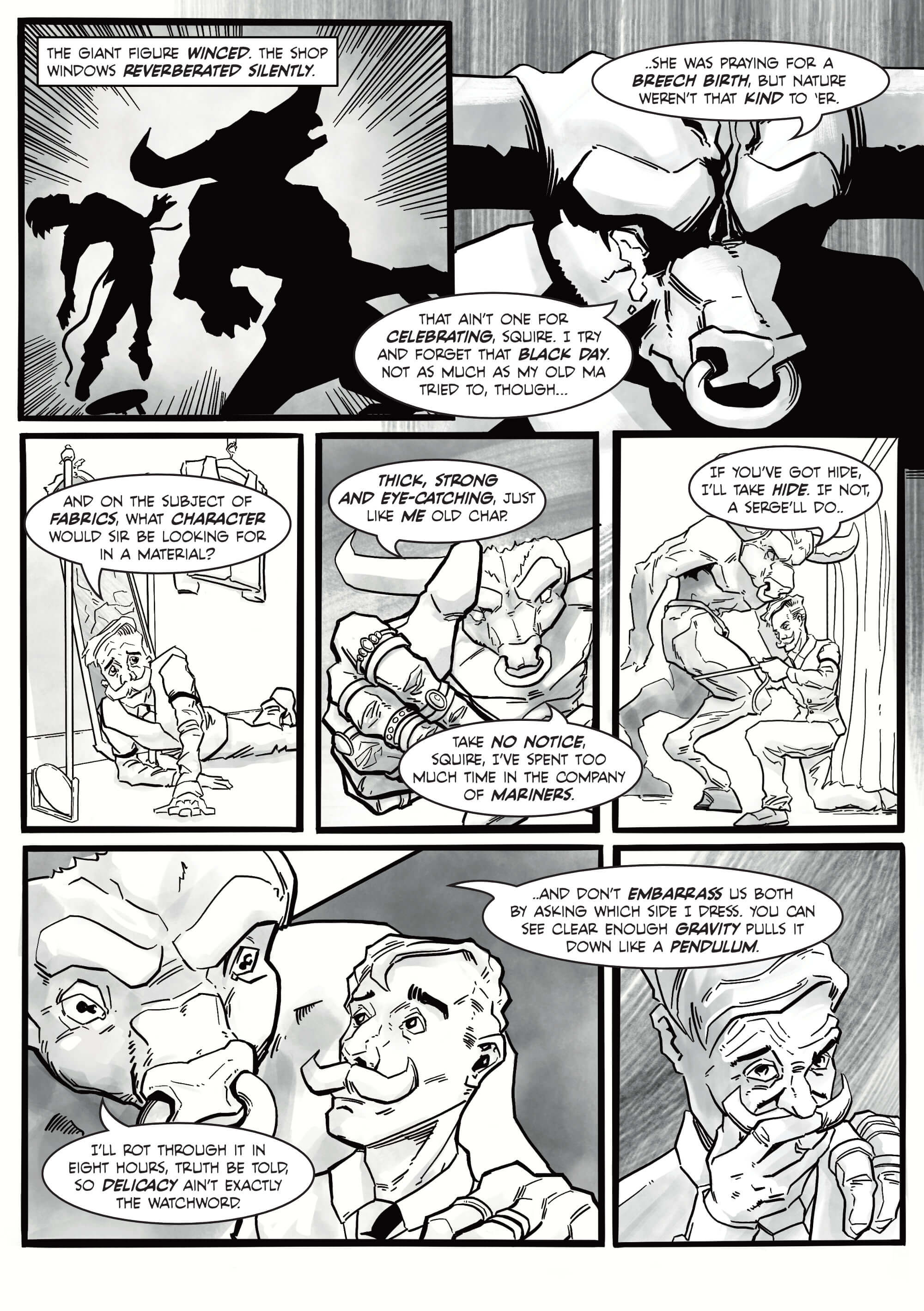 The Minotaur, black and white comic page. The tailor measures the minotaur up for a suit
