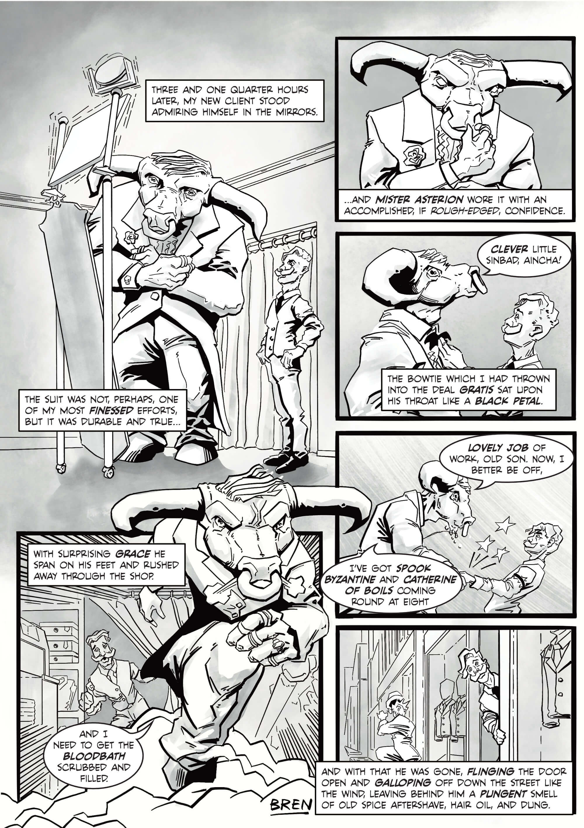 The Minotaur, black and white comic page. A minotaur gets a fitted suit in a tailors shop