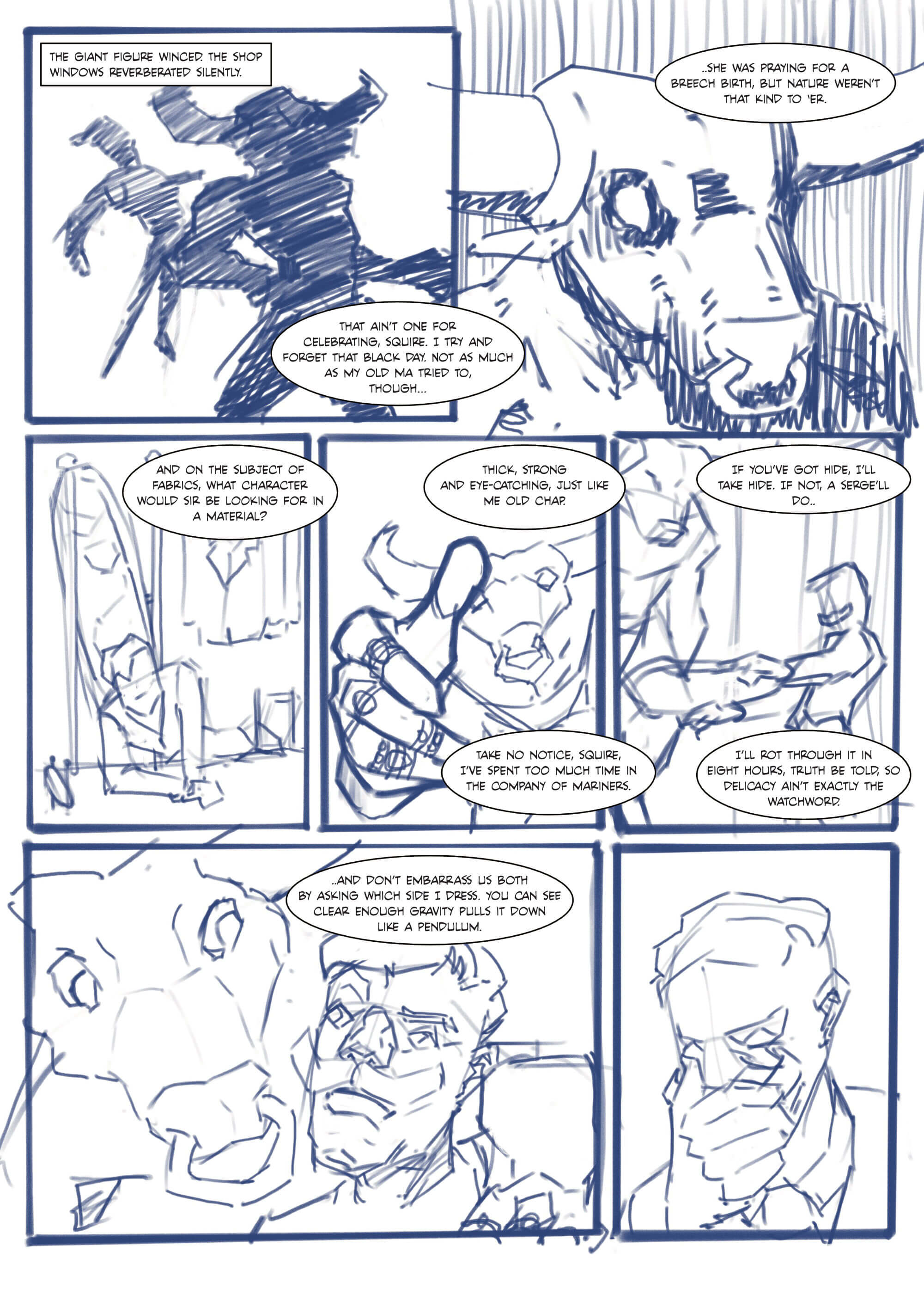 Thumbnails sketches for The Minotaur, comic page