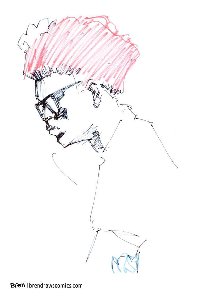 Portrait of a woman with glasses, pen and ink