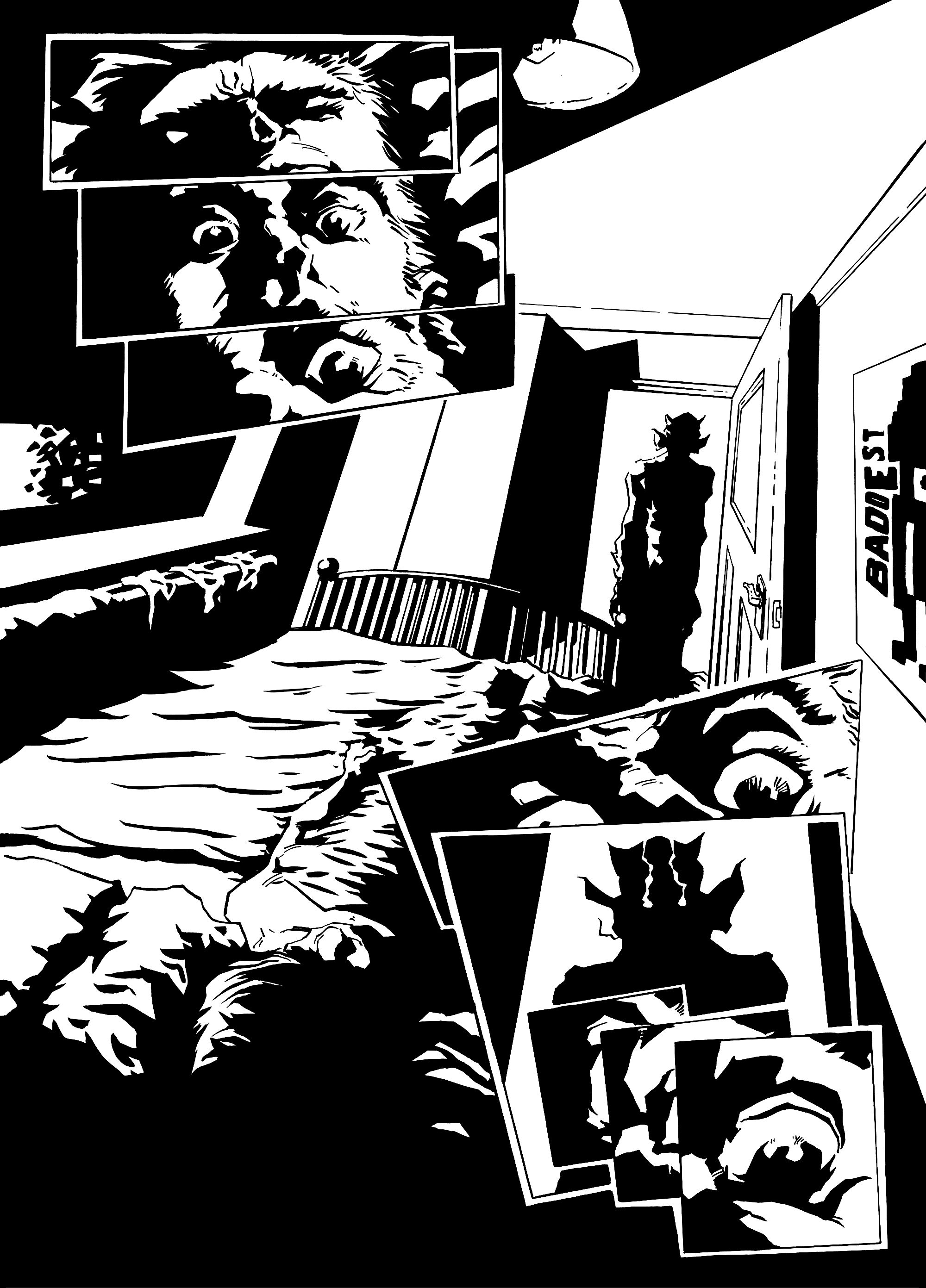 A black and white comic book page, showing a demon appearing at the foot of someone's bed