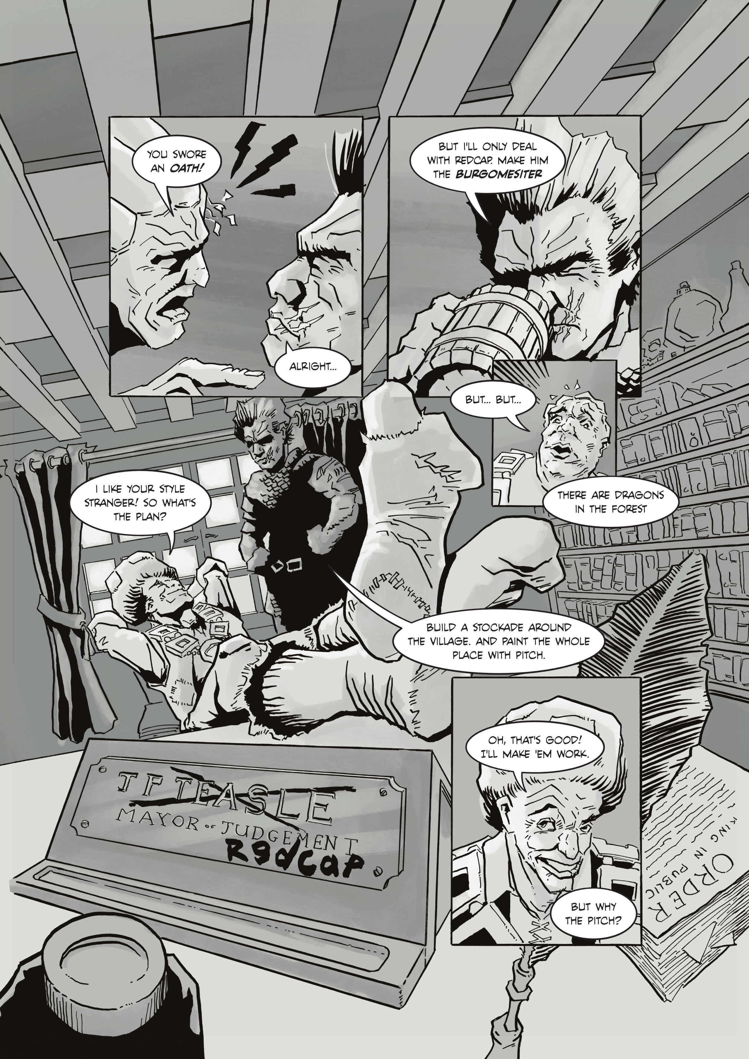 Black and white comic page. An untidy man in tattered clothes sit inside the mayors office, his feet on the table. A large muscular man stands in the background