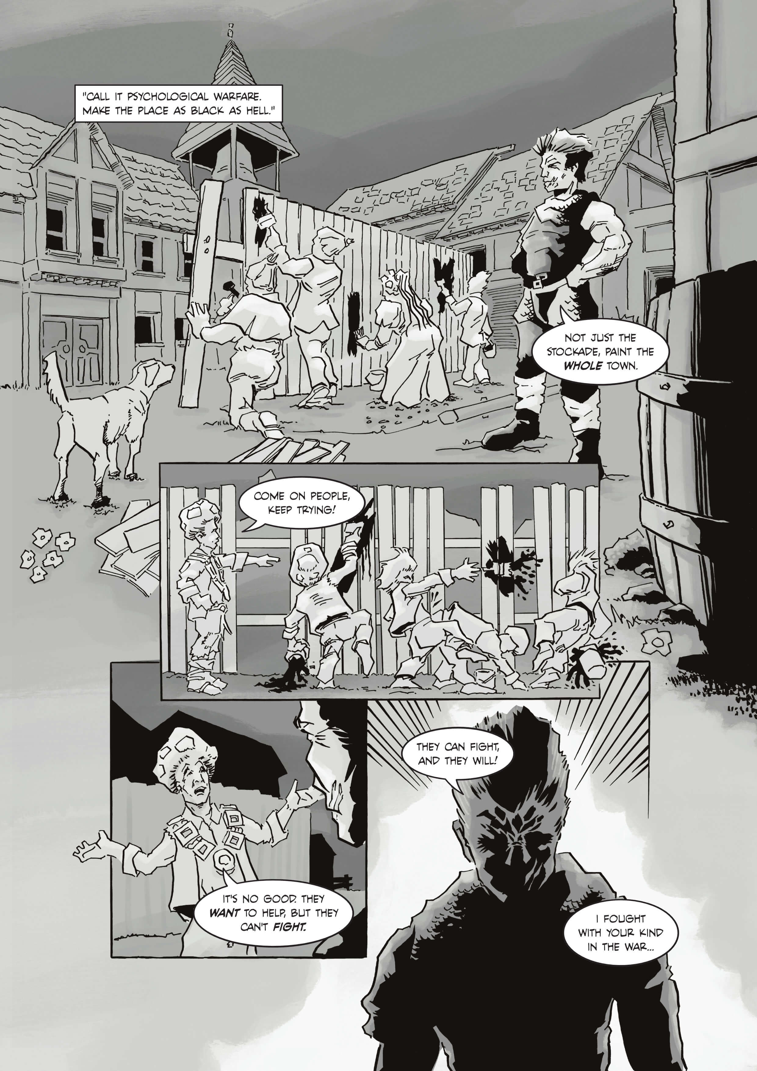Black and white comic page. Villagers are painting stockade fences while a large muscular man stands watching, his hands on his hips