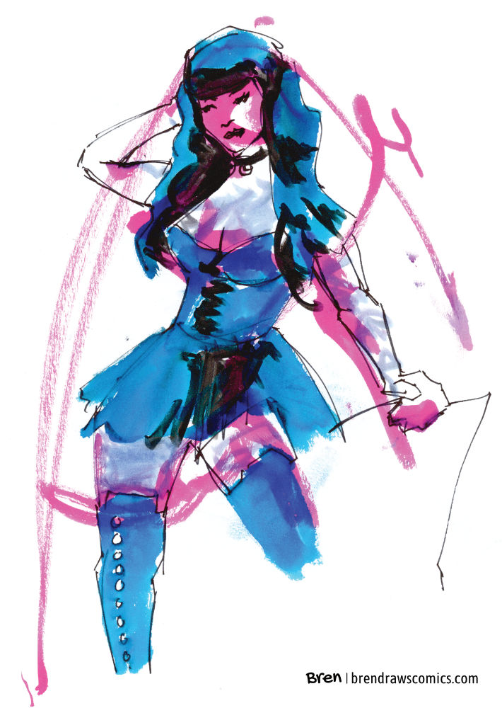 Life drawing of a standing woman wearing a corset