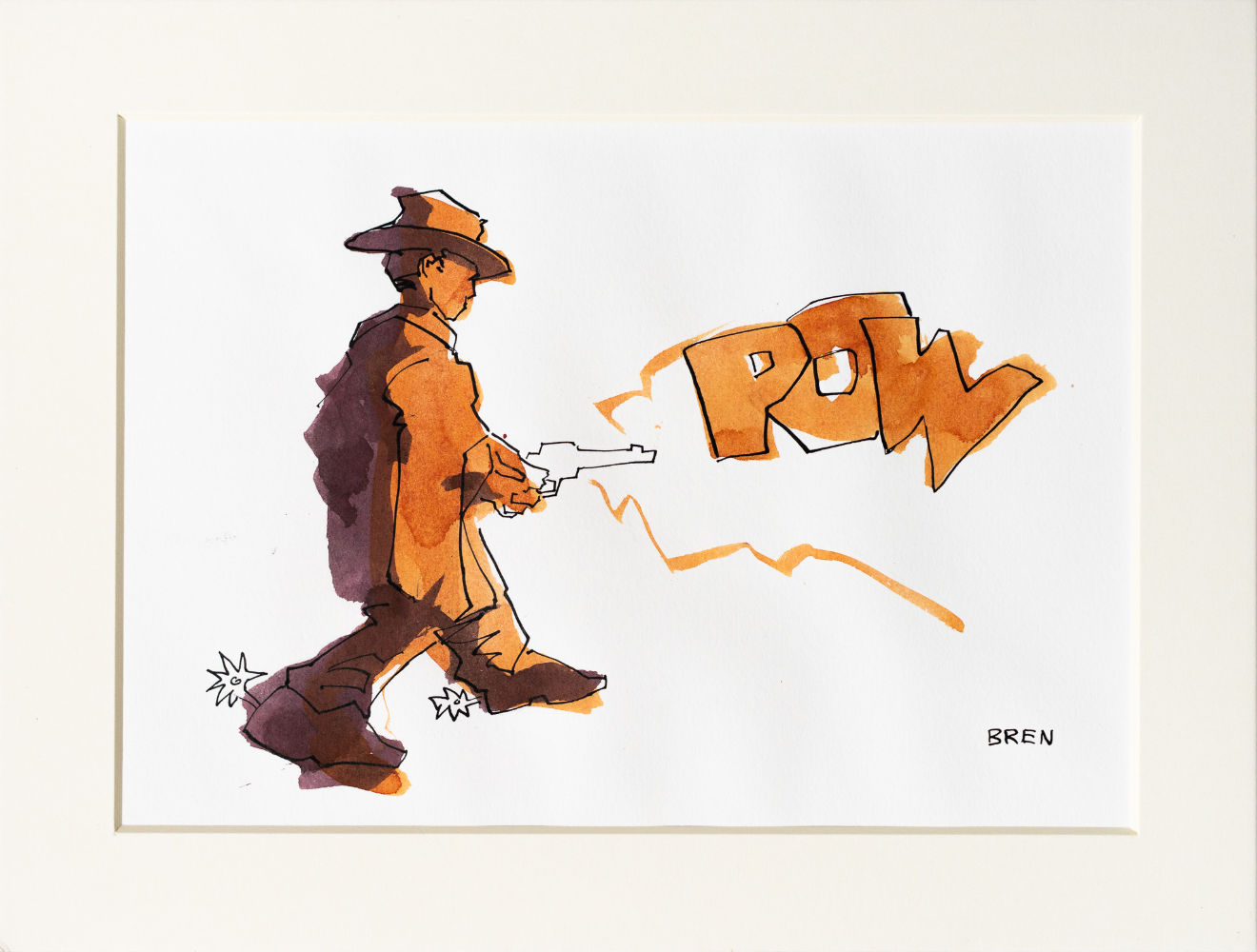 Pow - ink drawing of a man dressed as a cowboy with a hat and poncho firing a gun