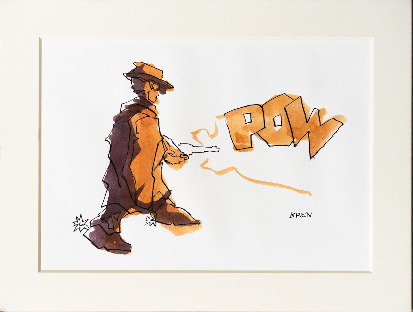 Pow - ink drawing of a man dressed as a cowboy with a hat and poncho firing a gun
