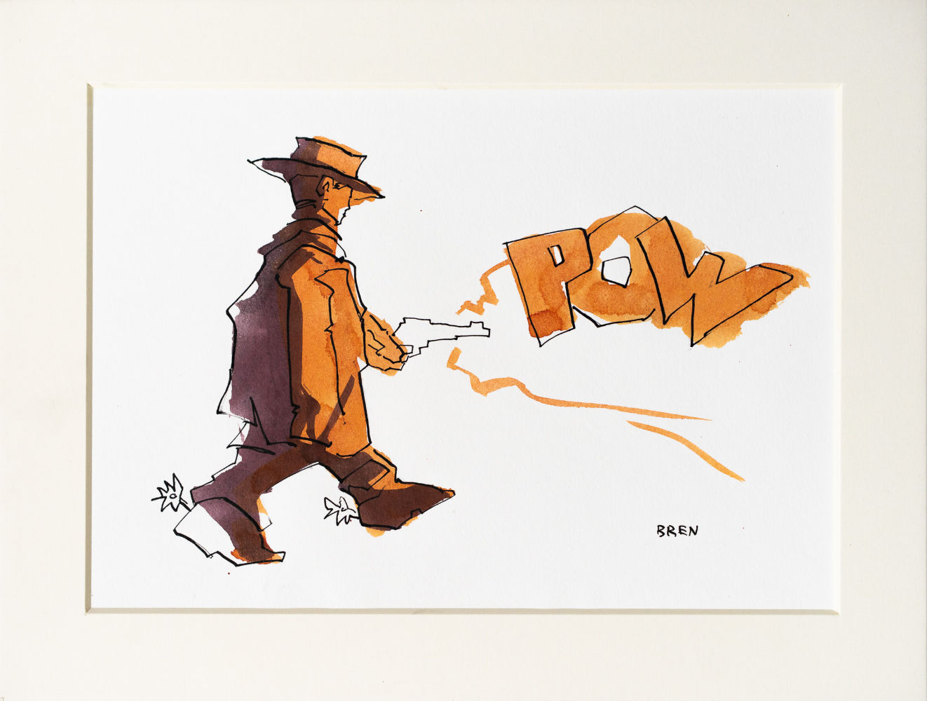Pow - ink drawing of a man dressed as a cowboy with a hat and poncho firing a gun