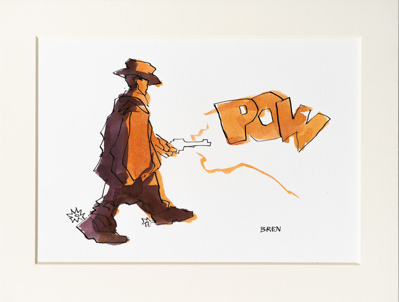 Pow - ink drawing of a man dressed as a cowboy with a hat and poncho firing a gun