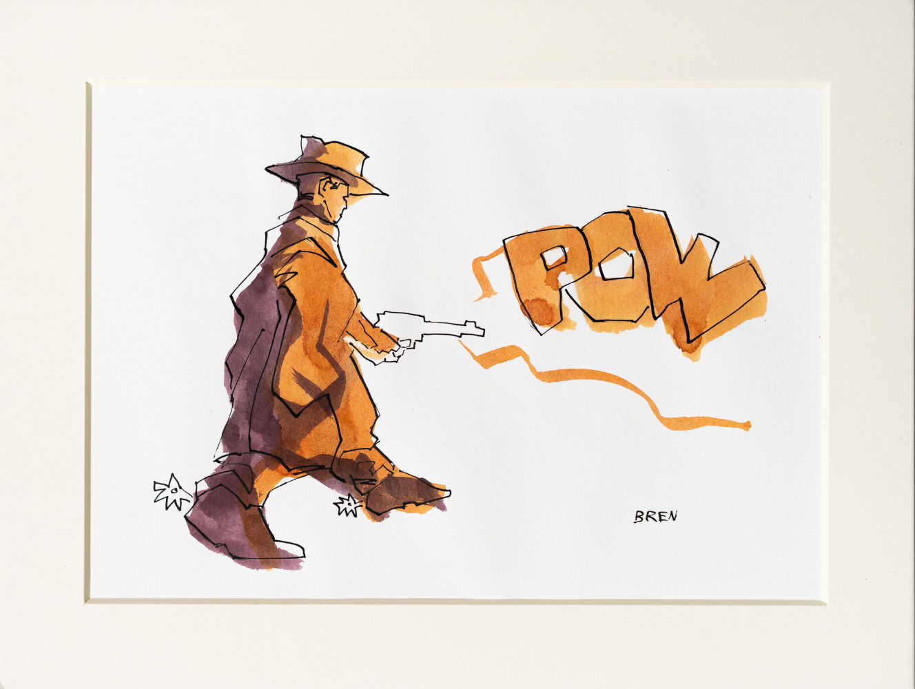 Pow - ink drawing of a man dressed as a cowboy with a hat and poncho firing a gun