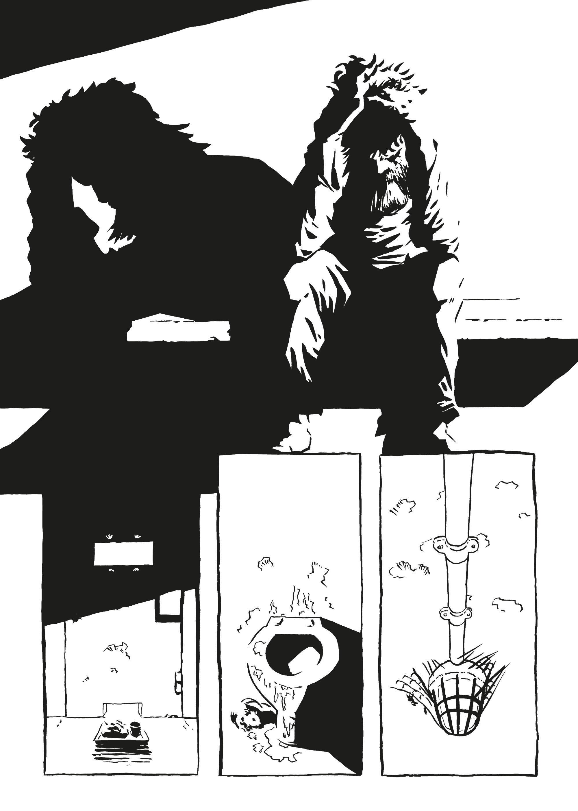 A black and white comic pahe showing a man sitting in a prison cell with his head in his hands