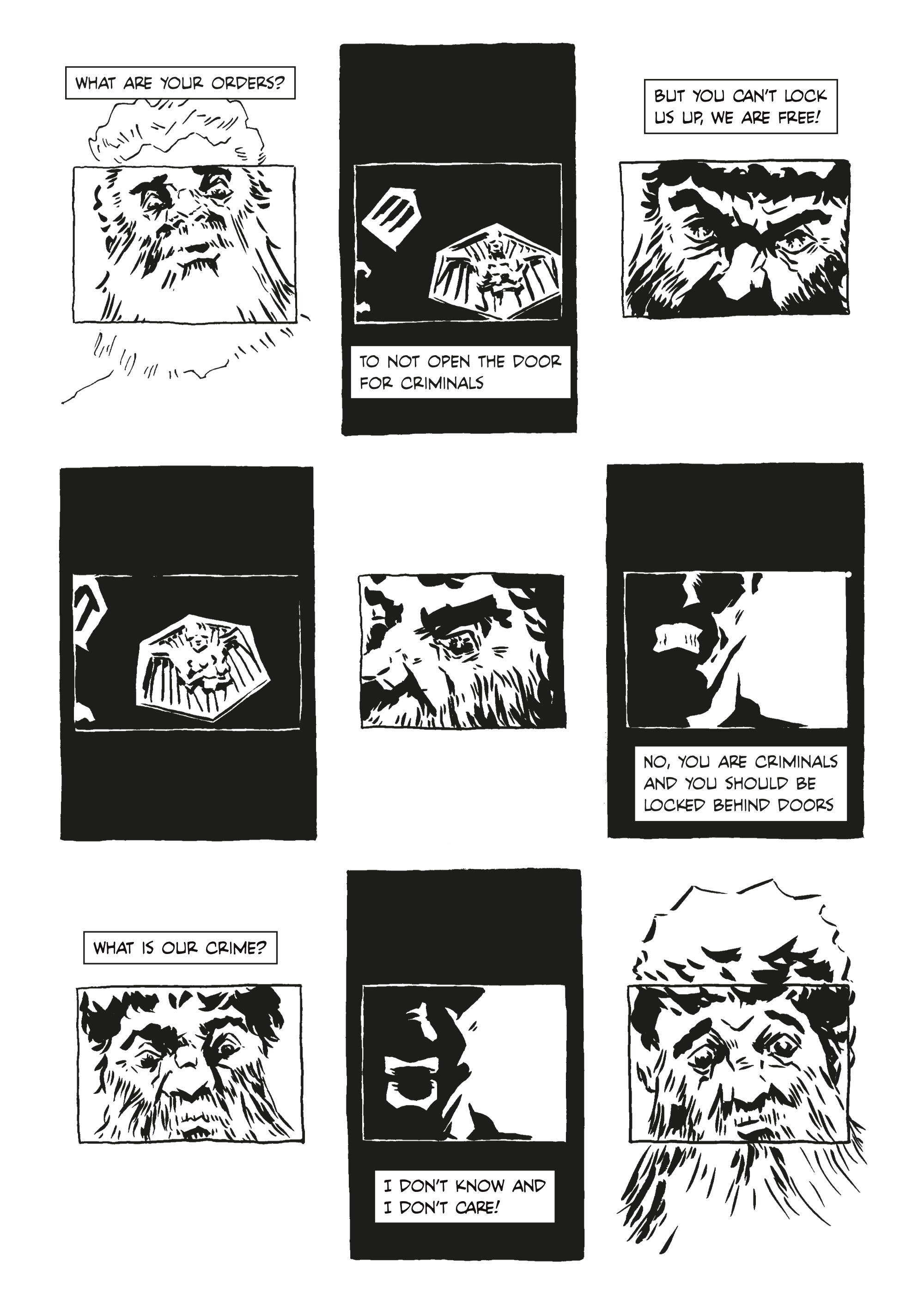A black and white comic page showing a prisoner confront a guard