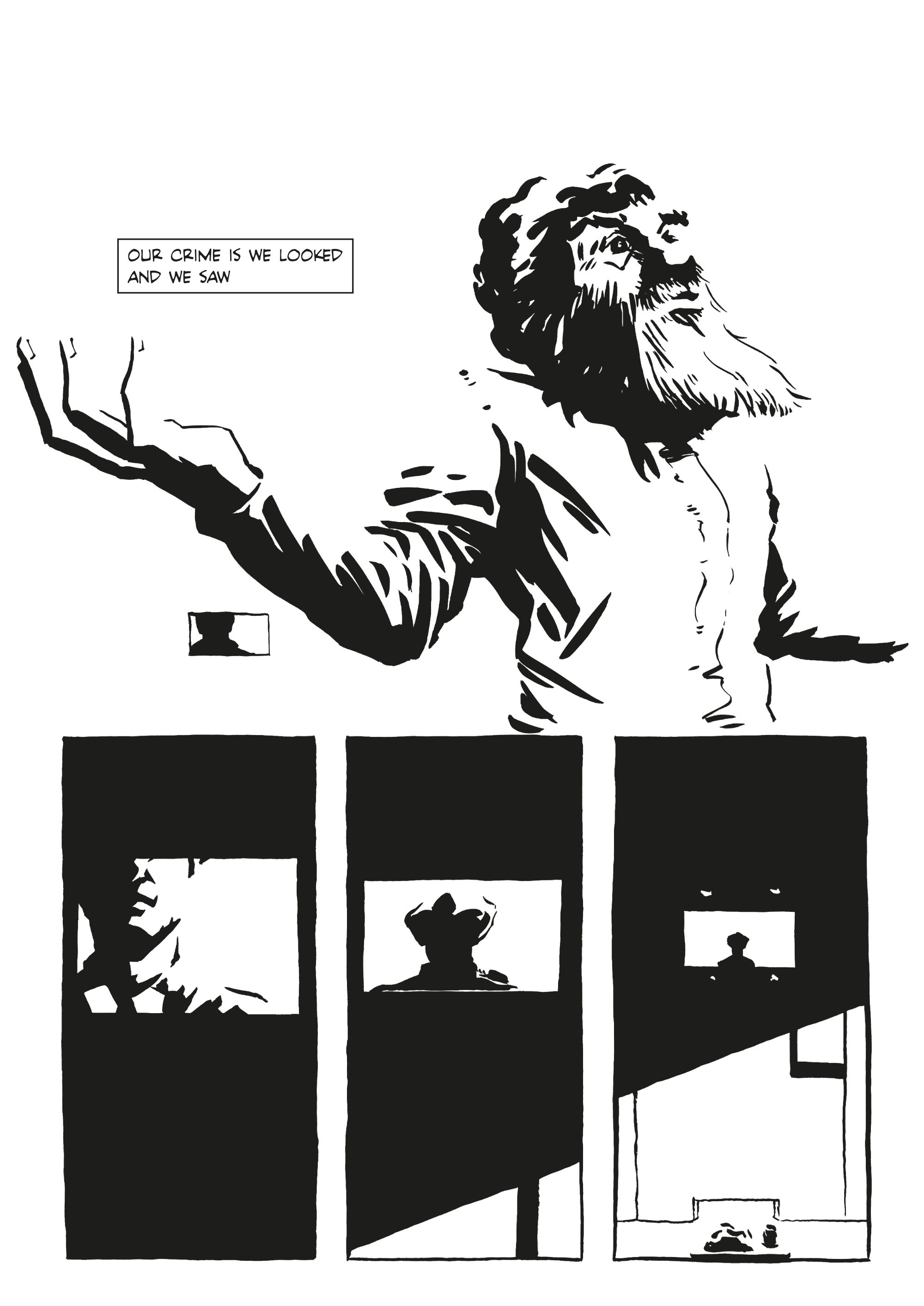 A black and white comic page showing a prisoner confront a guard