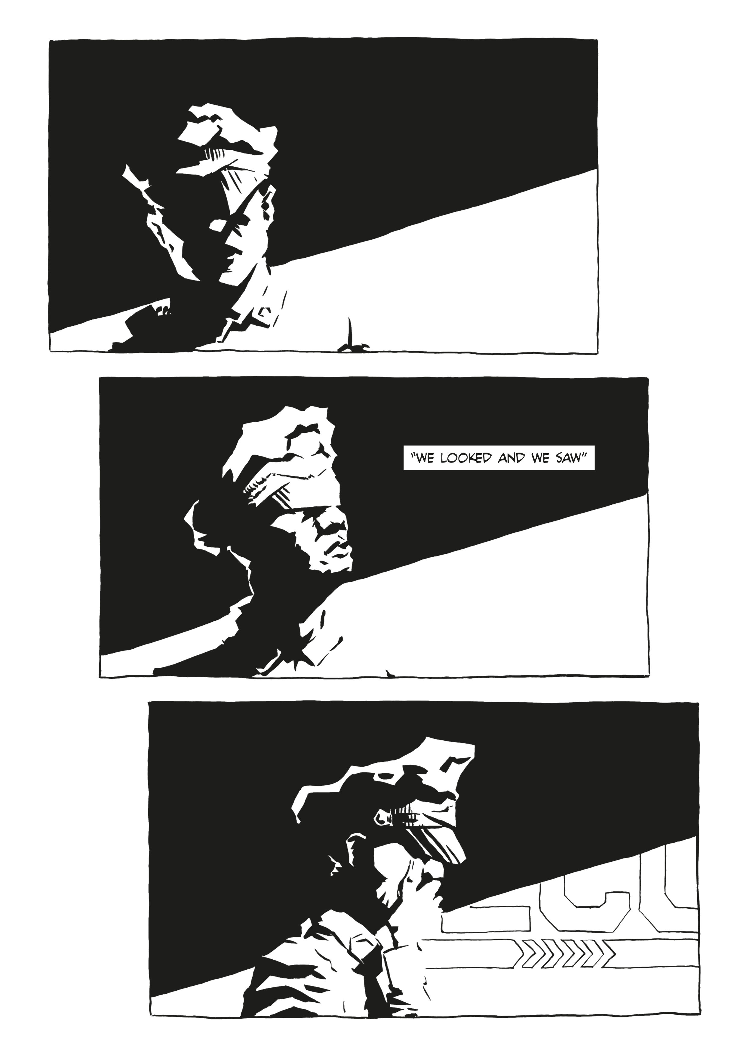 A black and white comic page, three panels showing a guard in a prison corridor having second thoughts about something