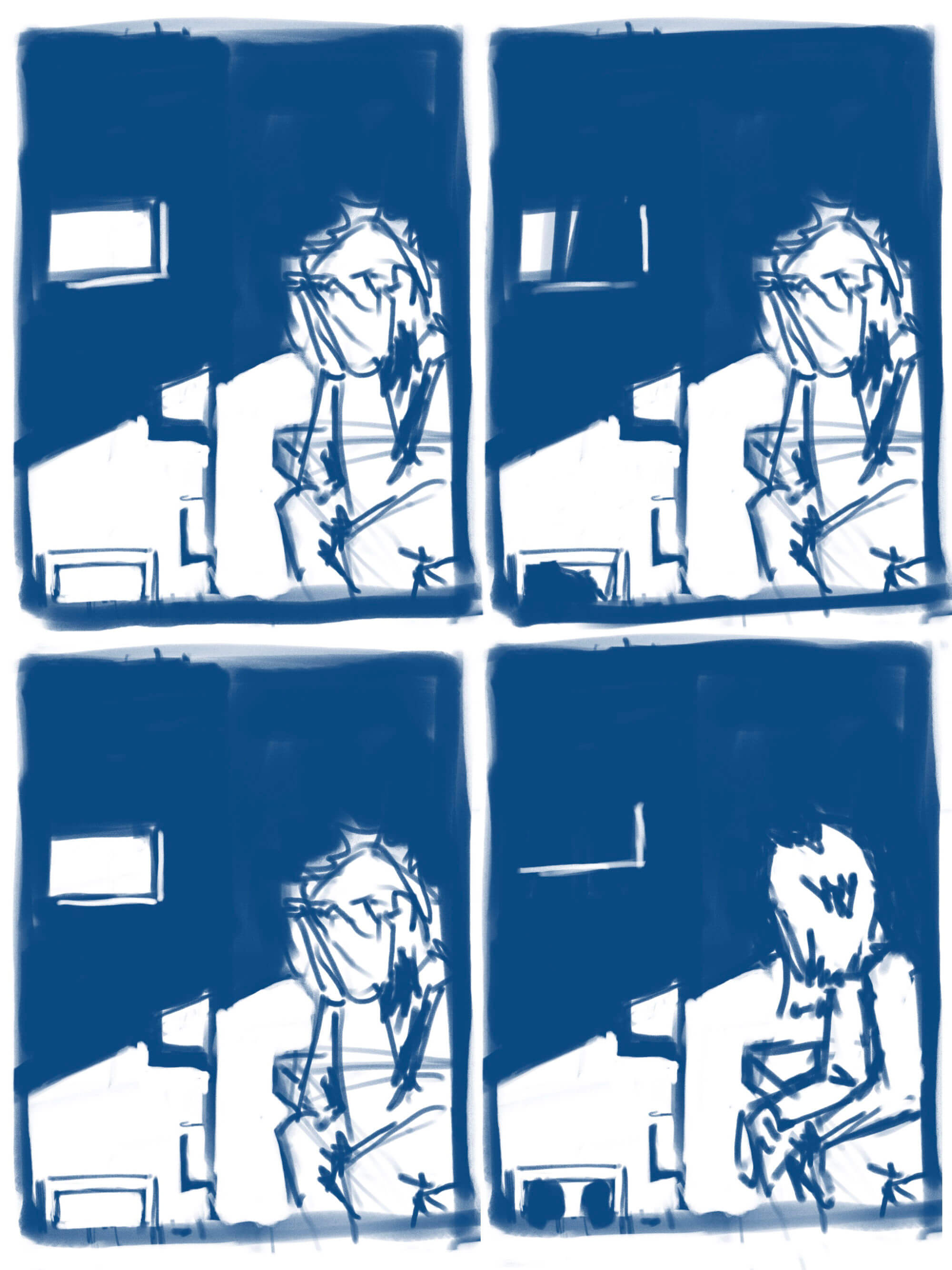 thumbnail layout for a comic book page, four panels of a man sitting in a prison cell looking at a door