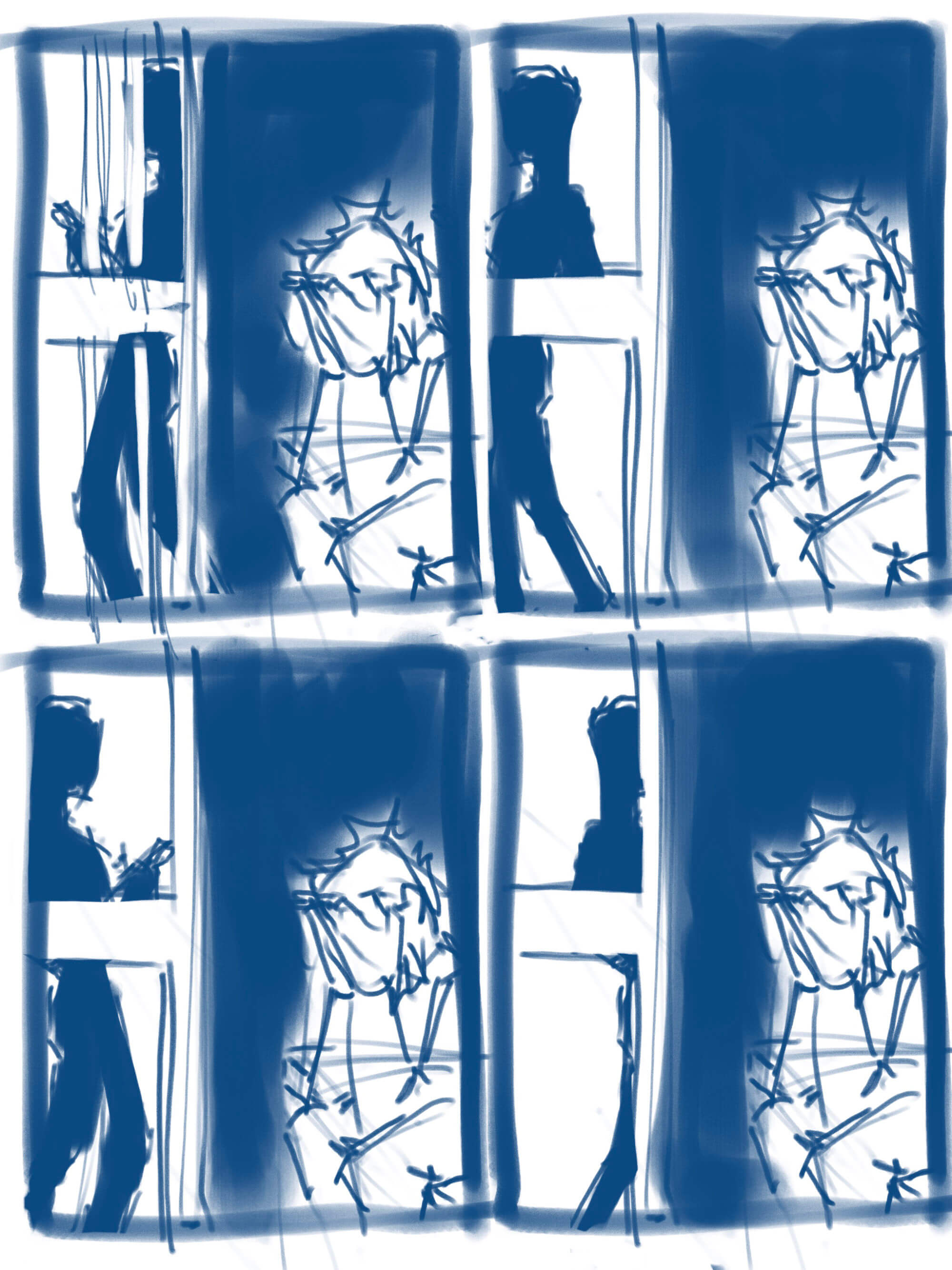 thumbnail layout for a comic book page, four panels of a man sitting in a prison cell looking at a door