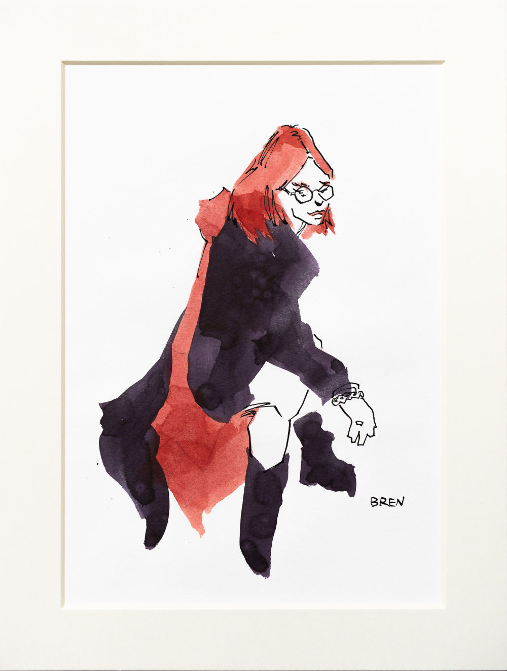 Yishu - original drawing of a seated woman wearing a long dark coat 