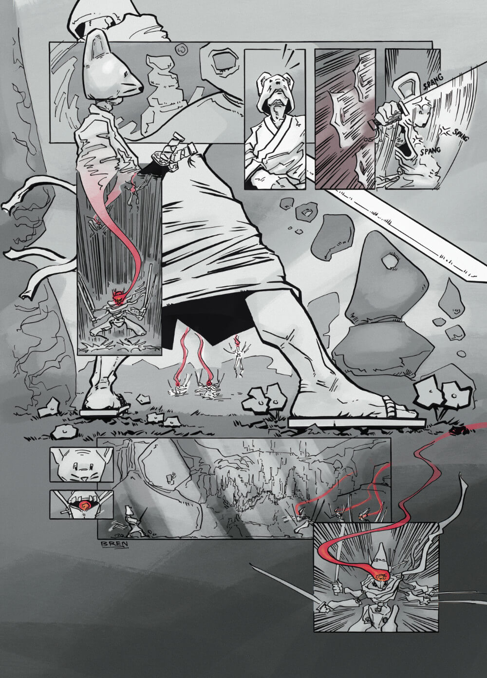 A black and white comic page showing a samurai wearing a mouse mask facing off against three robotic opponents 