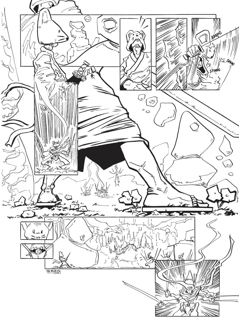 A black and white comic page showing a samurai wearing a mouse mask facing off against three robotic opponents 