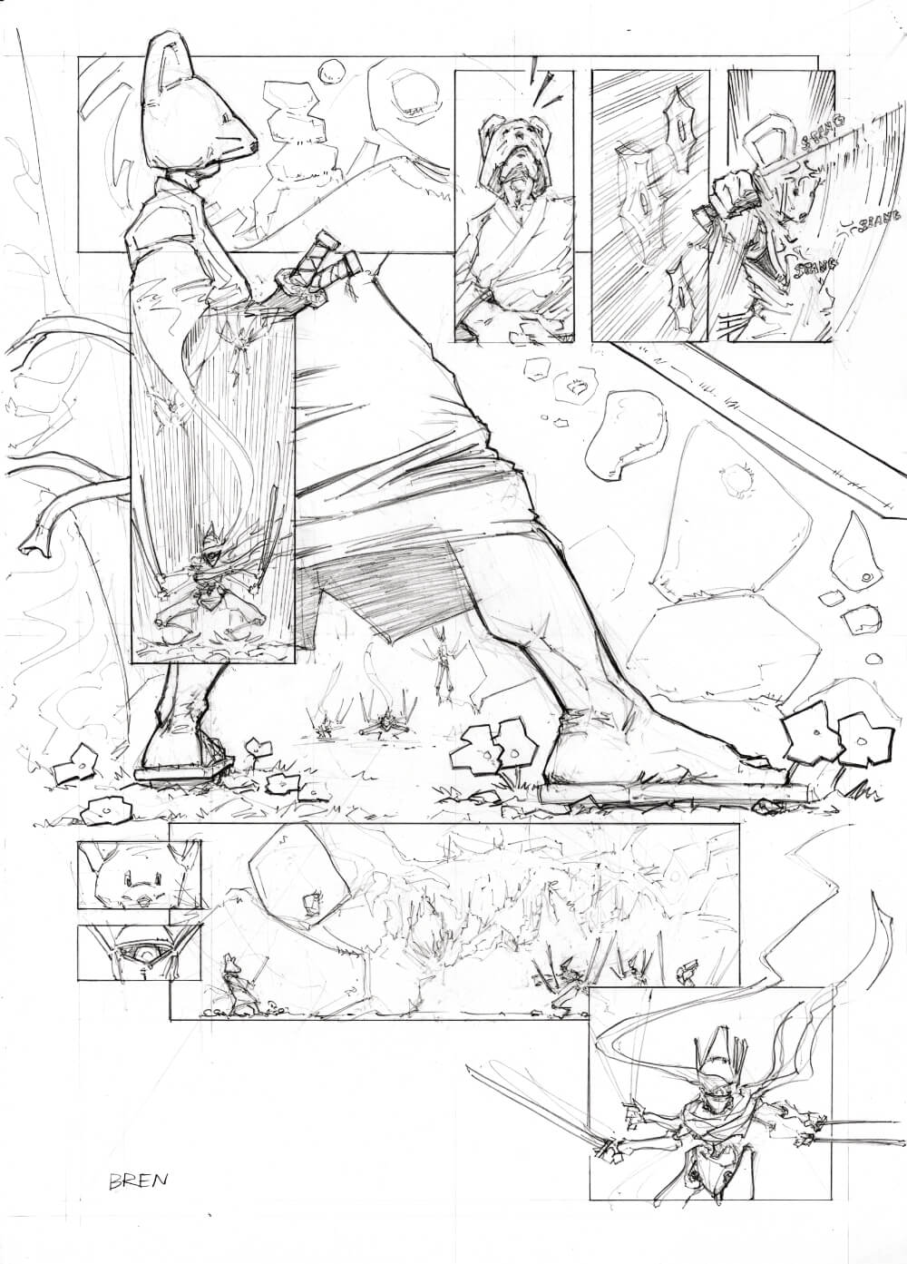 Pencillled artwork for a comic page, showing a samurai mouse facing off against three robotic opponents